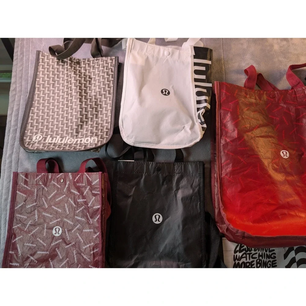 Lululemon Reusable Shopping Tote Bag Lot x10 Assorted Sizes Colors Graphics Logo